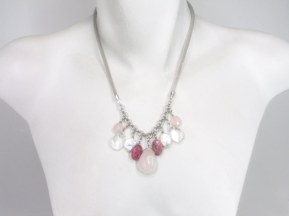 Rhodium Mesh Necklace with Stone and Pearl Drops | Erica Zap Designs