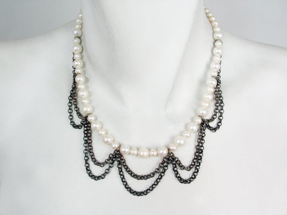 White Pearl & Oxidized Sterling Chain Necklace | Erica Zap Designs